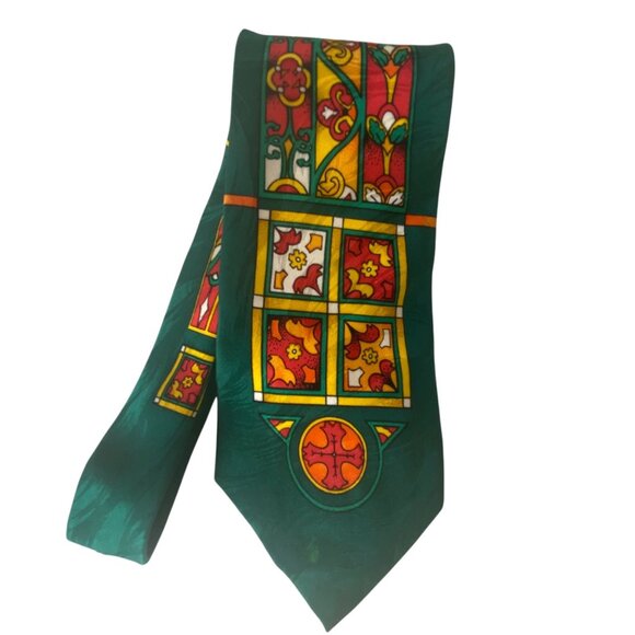 Rush Limbaugh No Boundaries Collection Silk Necktie Stained Glass Green USA 90's - Picture 6 of 6